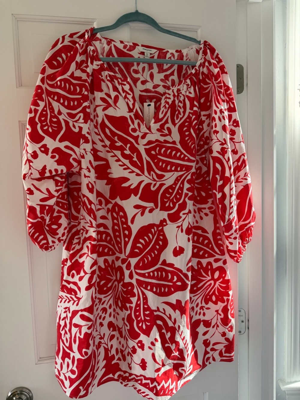 Banana Republic Red and White Floral Mini Dress with Puff Sleeves. XL Tall. NWT
